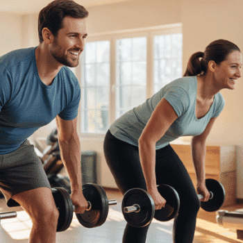 A man and woman lifting weights in a home gym